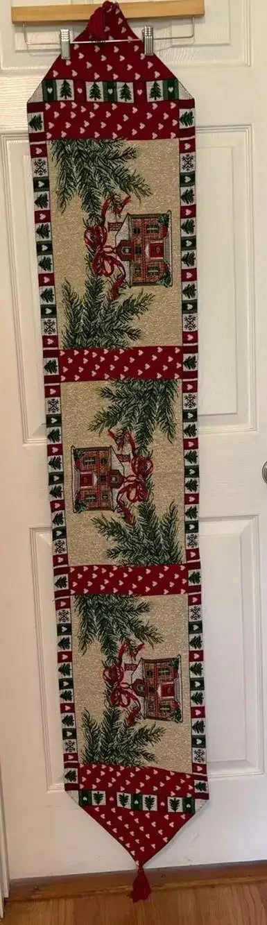 EUC Christmas Tapestry Table Runner Size 74x13 Red Green House Pine Trees Tassel